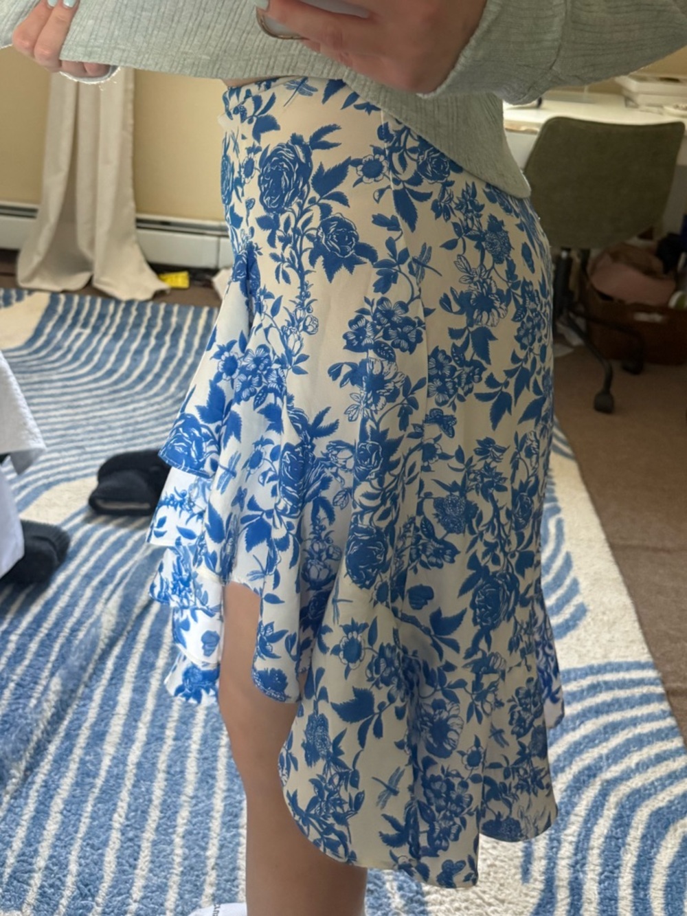 Blue Floral Ruffle Midi Skirt